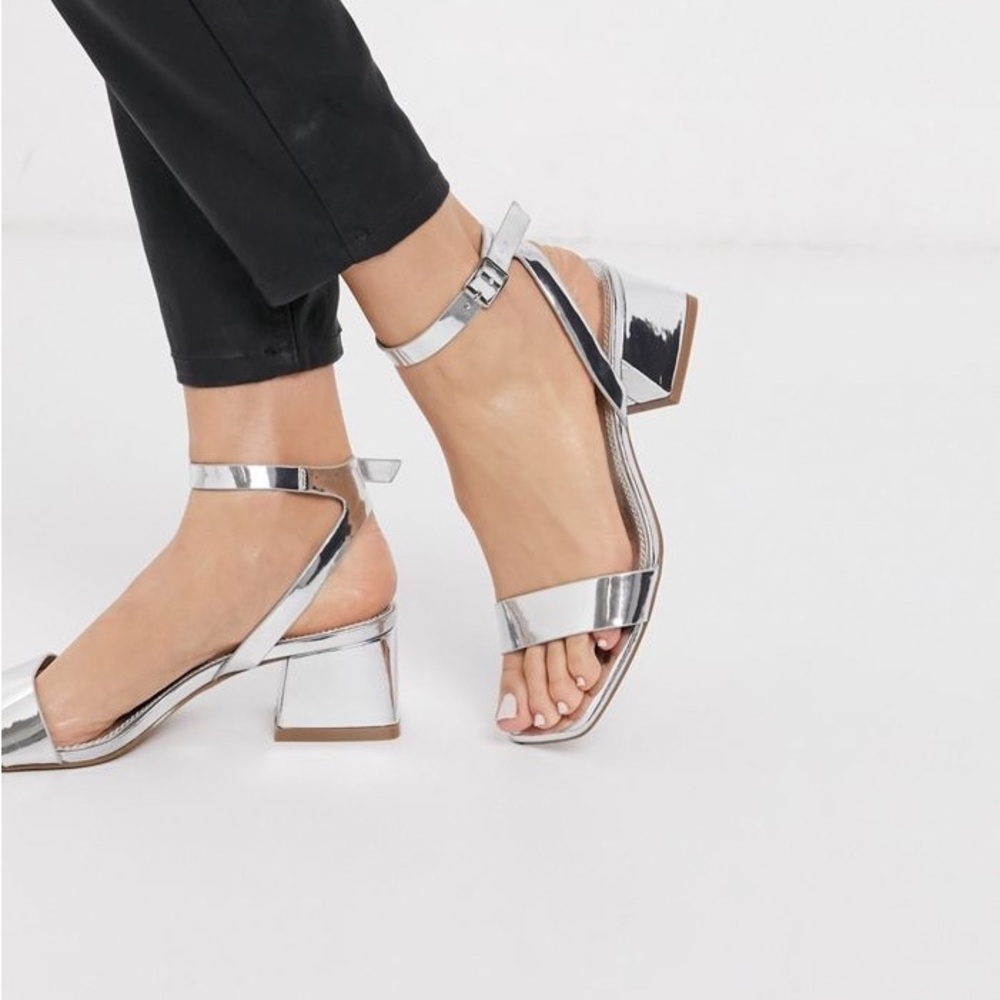 ASOS DESIGN Hocco block heeled sandals in silver, size 6